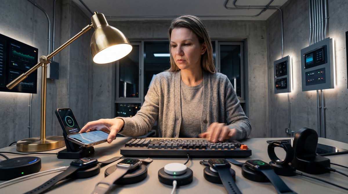 Smartwatch displaying a medication reminder next to a glass of water