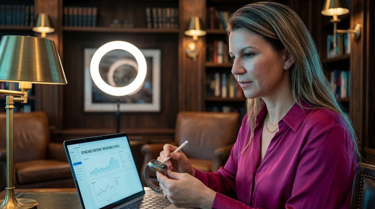 Isometric illustration of a smartphone app syncing continuous glucose monitoring data to the cloud