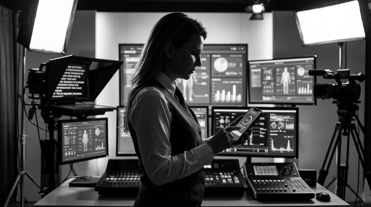 Close-up illustration of a modern continuous glucose monitor sensor on an arm transmitting wearable health data