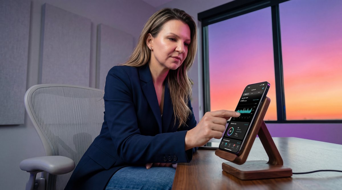 Illustration of a smartphone displaying interconnected mental health data and brain nodes for virtual care.