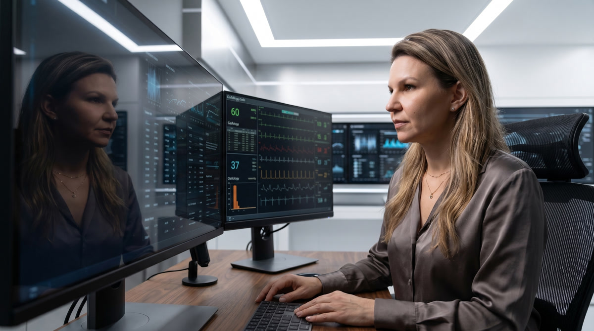 Empathetic physician reviewing patient health trends on a monitor