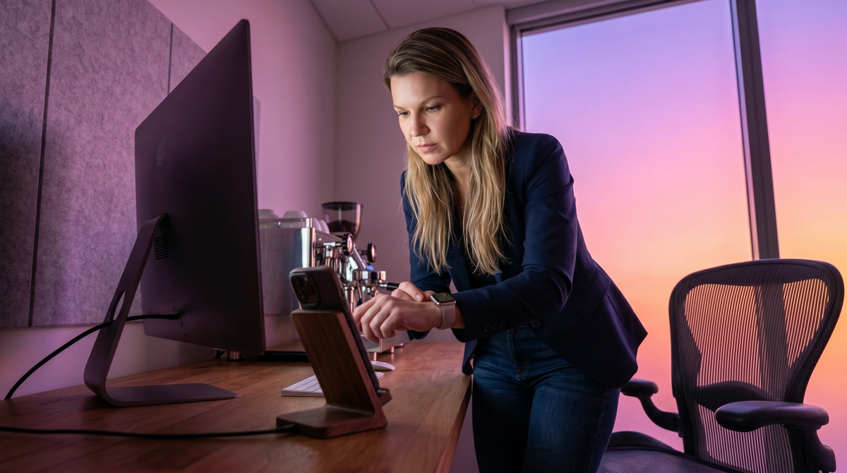 Doctor reviewing remote patient monitoring data in a warm, modern office setting