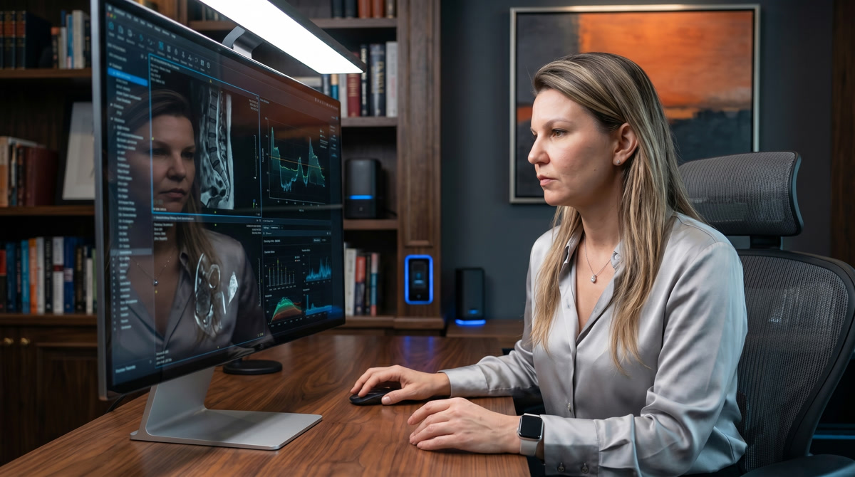 Trusted physician conducting a remote virtual care consultation from a warm and inviting home office