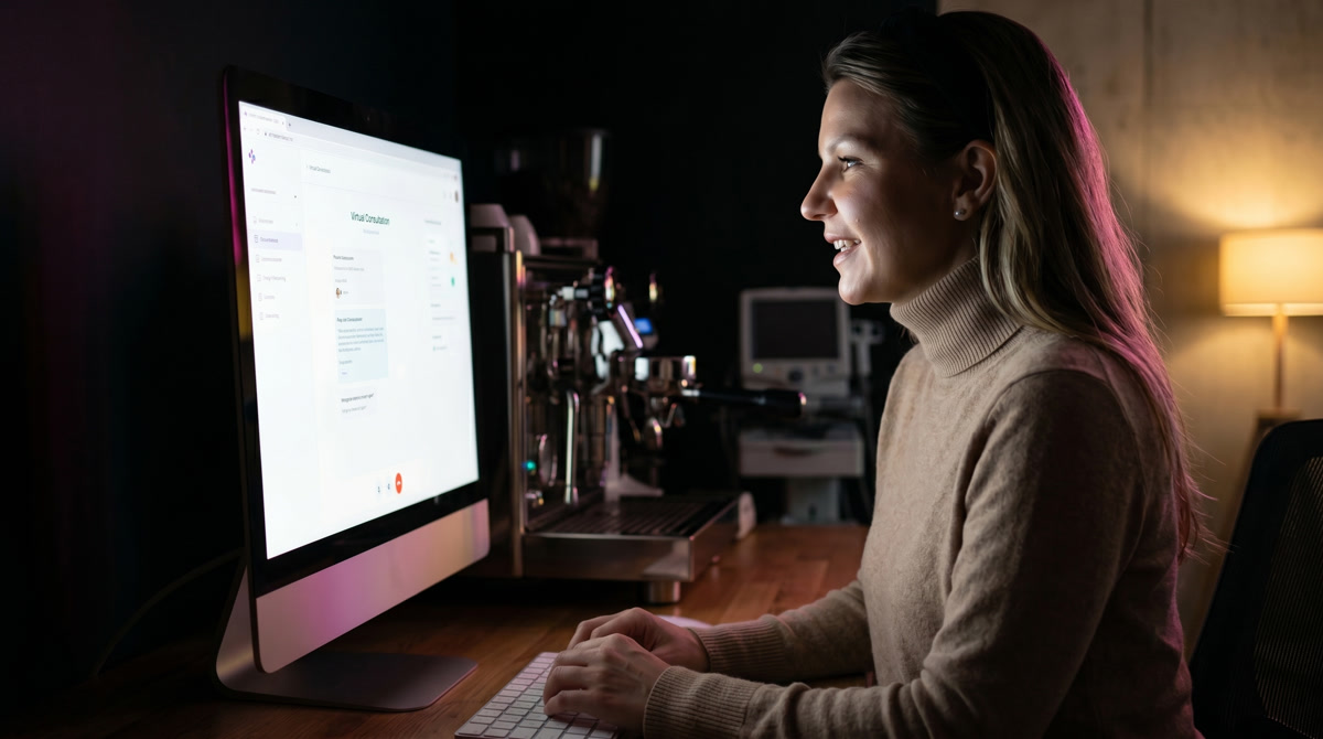Physician thoughtfully reviewing patient health data on a tablet in a warm, inviting office setting