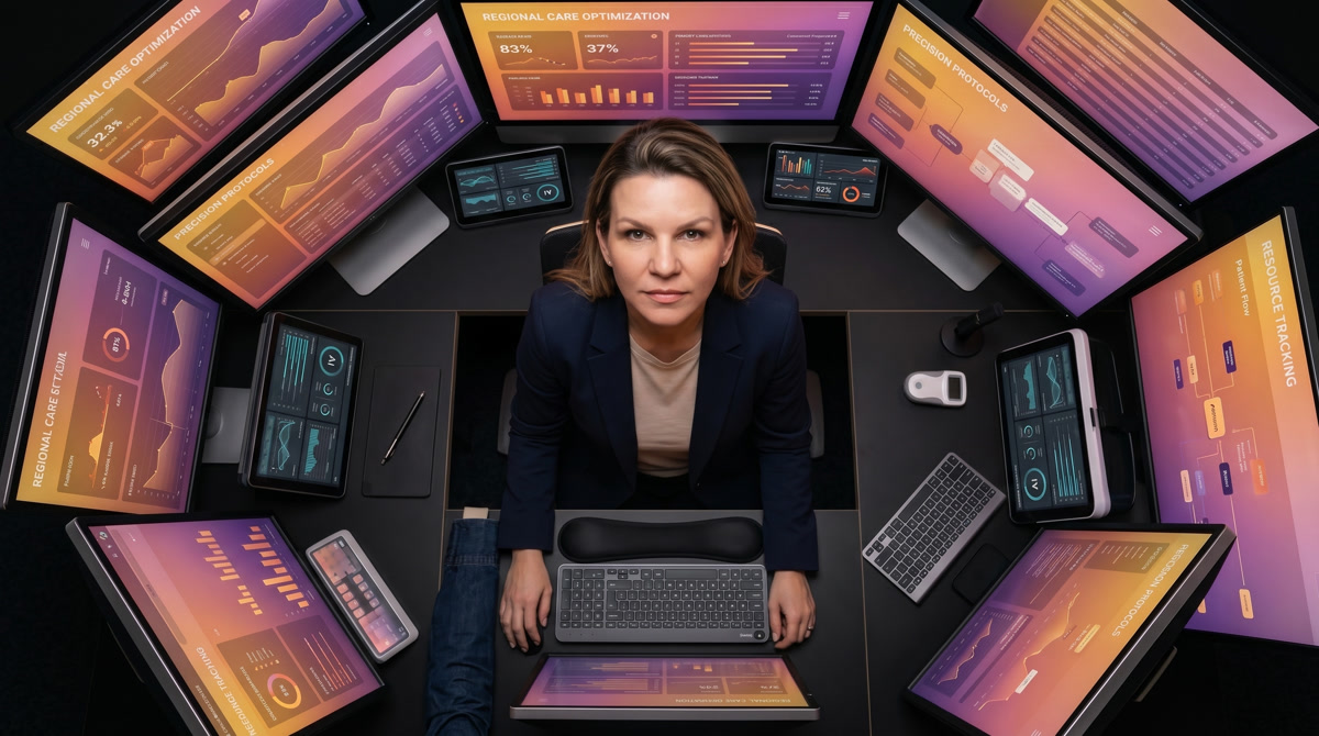 Physician conducting a warm and personal virtual care consultation for chronic condition management from a modern home office.