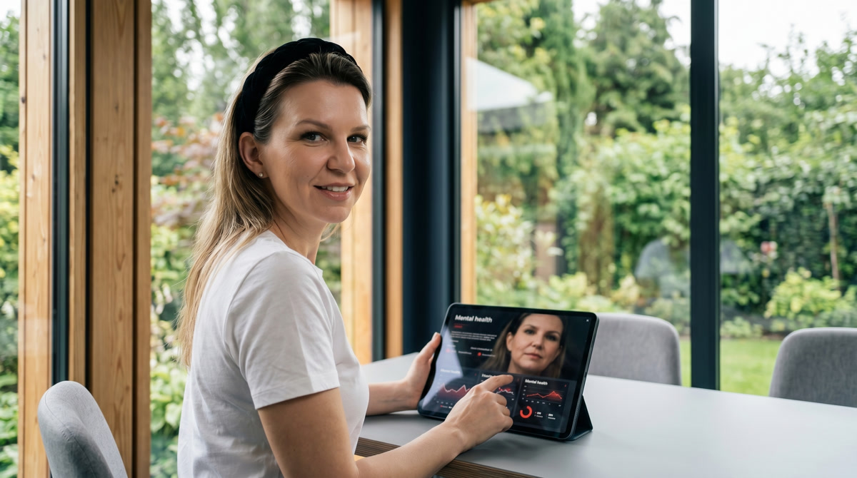 Elderly woman checking health data on a tablet on a shaded summer porch