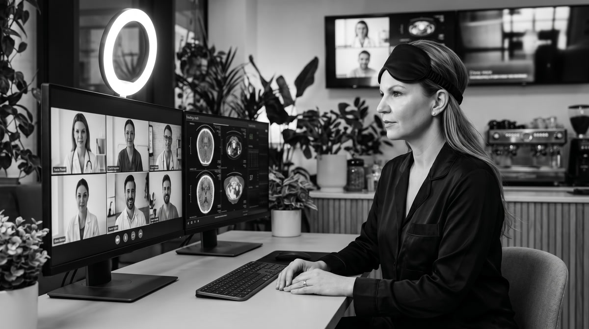 Empathetic physician conducting a virtual consultation in a welcoming office