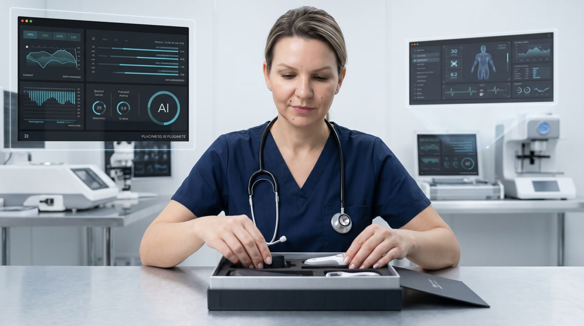 Modern digital health monitoring devices on a warm wooden desk with a physician reviewing data in the background