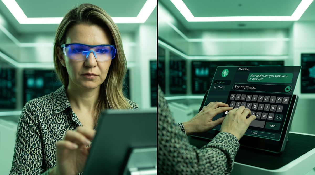 Physician reviewing a patient's digital blood pressure report on a tablet in a warm office