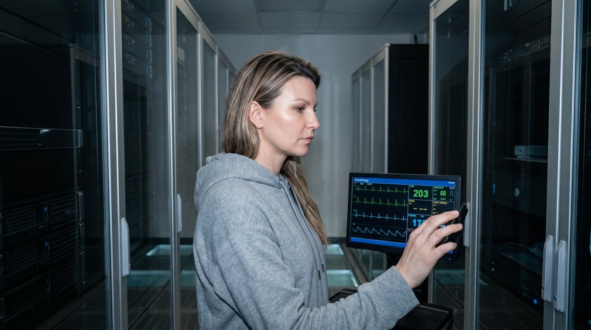 Physician reviewing digital health data and wearable heart monitor readings on a tablet.