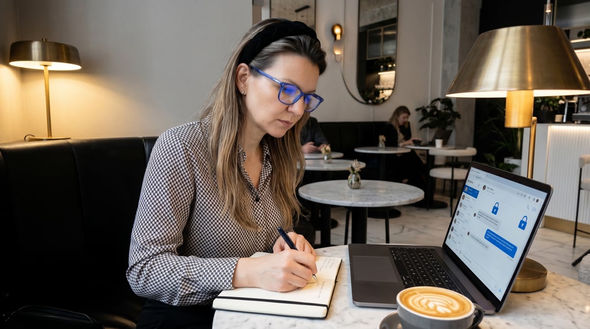 A calm individual using a medical remote monitoring device in a cozy, naturally lit living room.