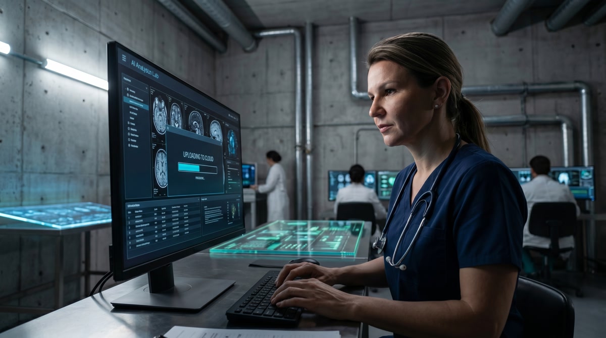 Patient using a laptop for a virtual consultation to discuss wearable heart monitor data with a doctor.