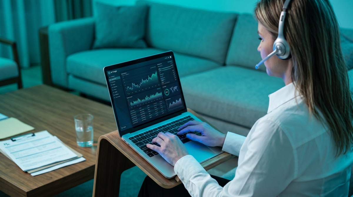 Medical tablet and stethoscope on a wooden desk in a warm, naturally lit consultation room