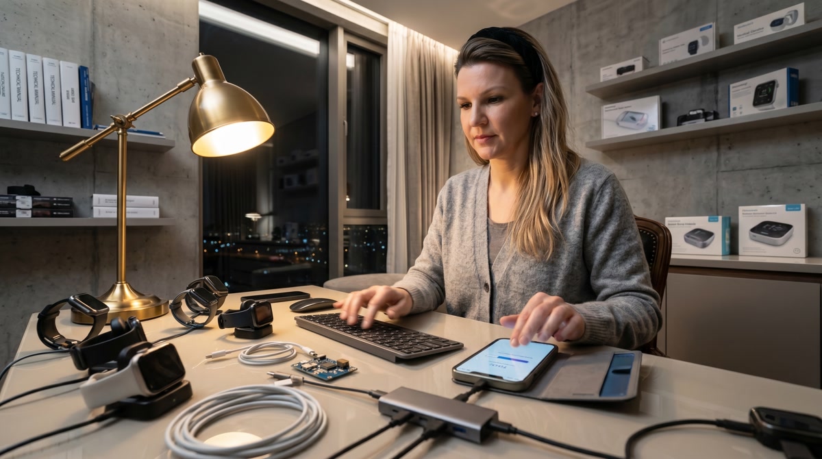 Doctor reviewing remote blood pressure data on a tablet in a warm office setting