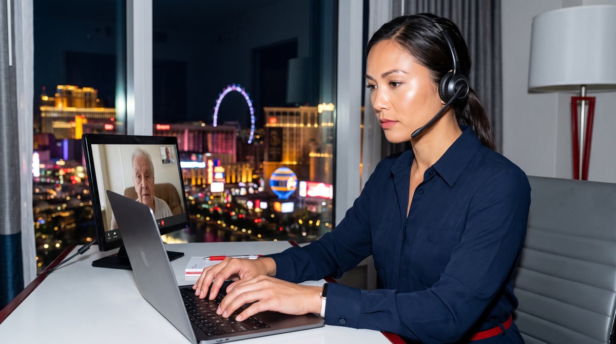 Physician reviewing AI health screening data on a tablet in a warm, inviting office setting